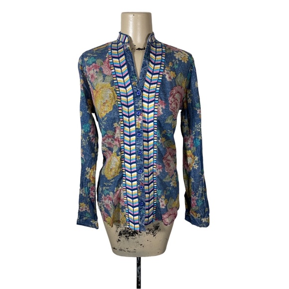 Chambray Floral Rose Embroidered Banded Collar Blouse Boho Chic Sz S - Picture 1 of 5